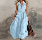 Sleeveless Pleated Maxi Dress for Women - High Waist Casual White Summer Dress