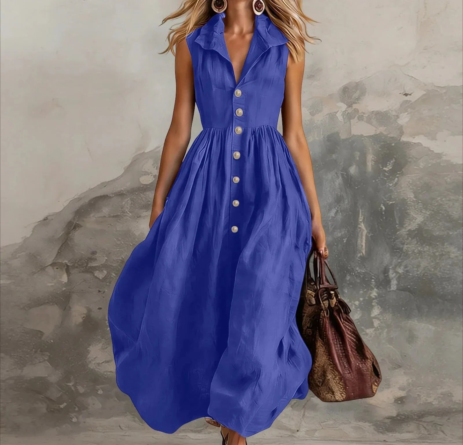 Sleeveless Pleated Maxi Dress for Women - High Waist Casual White Summer Dress