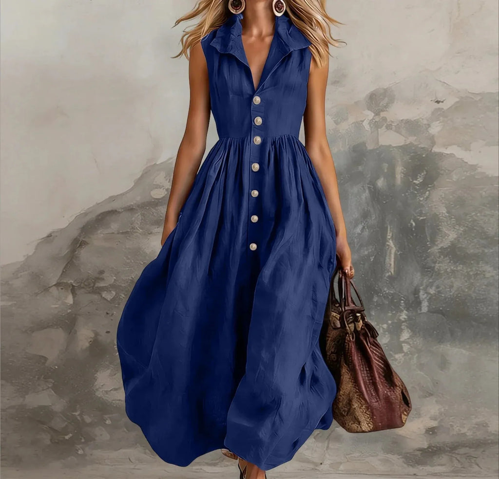 Sleeveless Pleated Maxi Dress for Women - High Waist Casual White Summer Dress