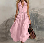 Sleeveless Pleated Maxi Dress for Women - High Waist Casual White Summer Dress