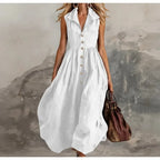 Sleeveless Pleated Maxi Dress for Women - High Waist Casual White Summer Dress