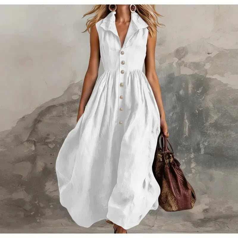 Sleeveless Pleated Maxi Dress for Women - High Waist Casual White Summer Dress