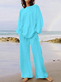 Solid Color Long Sleeve Shirt and Drawstring Pants Set for Casual Wear