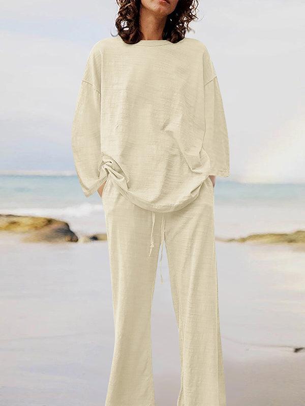 Solid Color Long Sleeve Shirt and Drawstring Pants Set for Casual Wear
