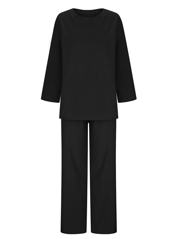 Solid Color Long Sleeve Shirt and Drawstring Pants Set for Casual Wear