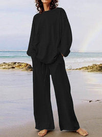 Solid Color Long Sleeve Shirt and Drawstring Pants Set for Casual Wear