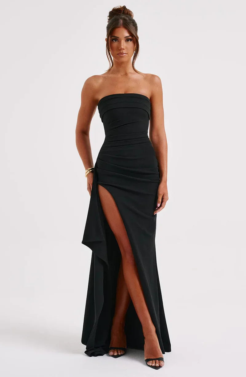 Strapless Maxi Dress with Front Slit – Elegant Evening Gown for Special Occasions