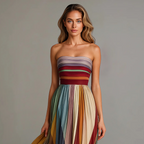 Strapless Pleated Maxi Dress for Women - Striped Summer Style for Casual Wear