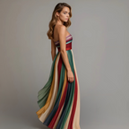 Strapless Pleated Maxi Dress for Women - Striped Summer Style for Casual Wear
