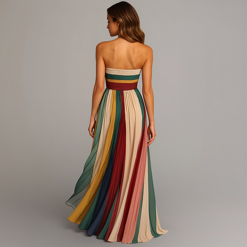 Strapless Pleated Maxi Dress for Women - Striped Summer Style for Casual Wear