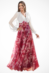 V Neck Floral Print Maxi Dress with Balloon Sleeves for Wedding Guests