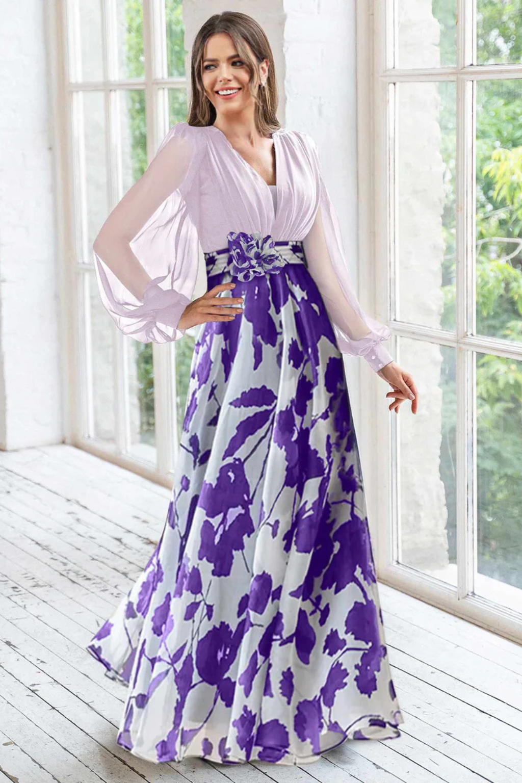 V Neck Floral Print Maxi Dress with Balloon Sleeves for Wedding Guests
