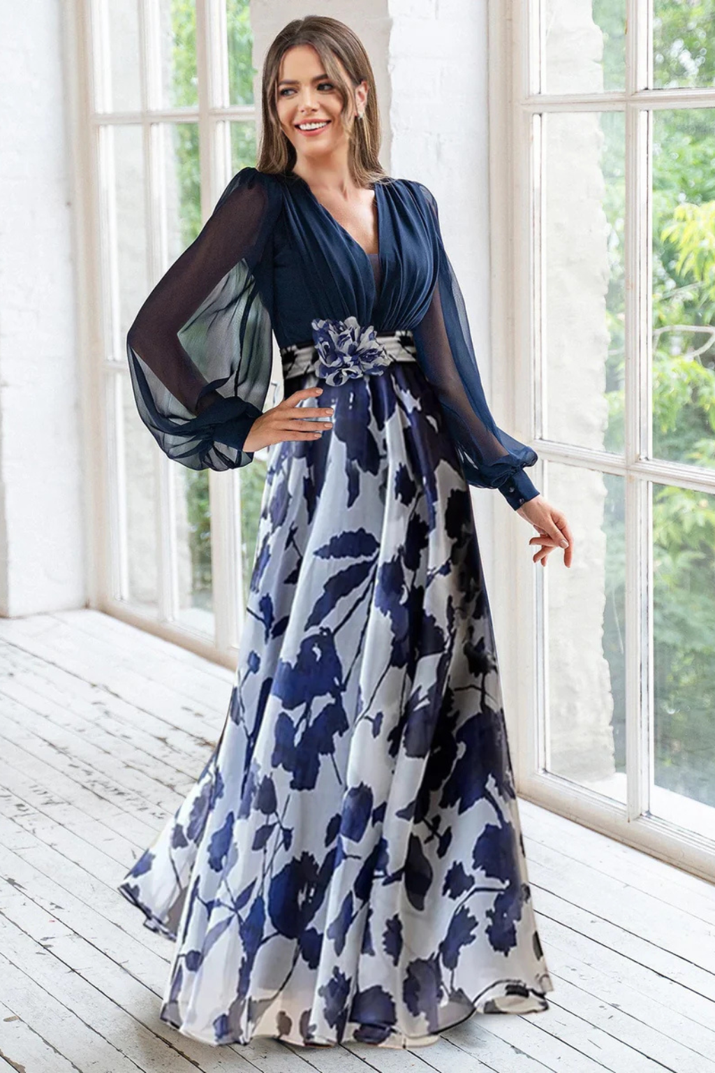 V Neck Floral Print Maxi Dress with Balloon Sleeves for Wedding Guests