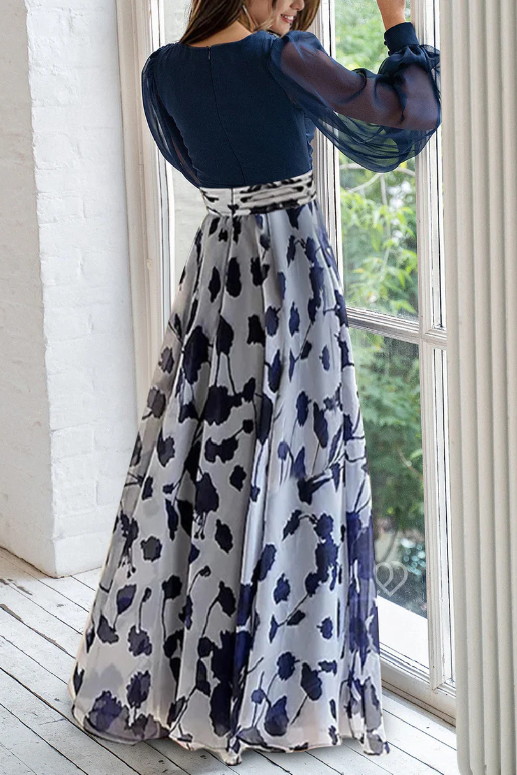 V Neck Floral Print Maxi Dress with Balloon Sleeves for Wedding Guests
