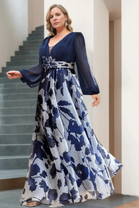 V Neck Floral Print Maxi Dress with Balloon Sleeves for Wedding Guests