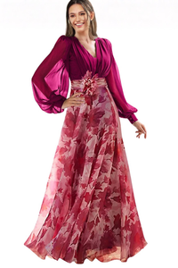 V Neck Floral Print Maxi Dress with Balloon Sleeves for Wedding Guests
