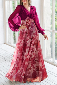 V Neck Floral Print Maxi Dress with Balloon Sleeves for Wedding Guests