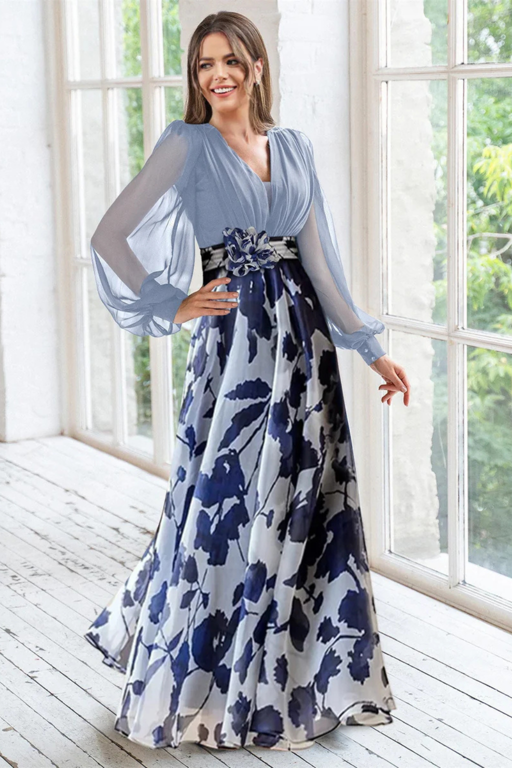 V Neck Floral Print Maxi Dress with Balloon Sleeves for Wedding Guests