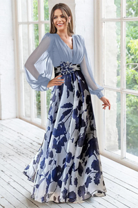 V Neck Floral Print Maxi Dress with Balloon Sleeves for Wedding Guests