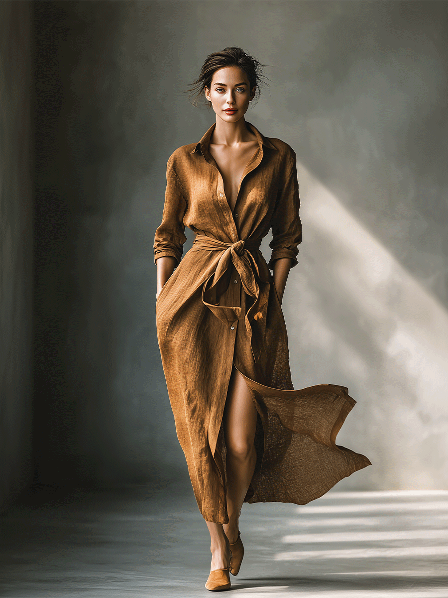 Vintage Brown Blend Maxi Dress for Women - Casual Shirt Style, MDA2898G6I