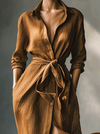 Vintage Brown Blend Maxi Dress for Women - Casual Shirt Style, MDA2898G6I