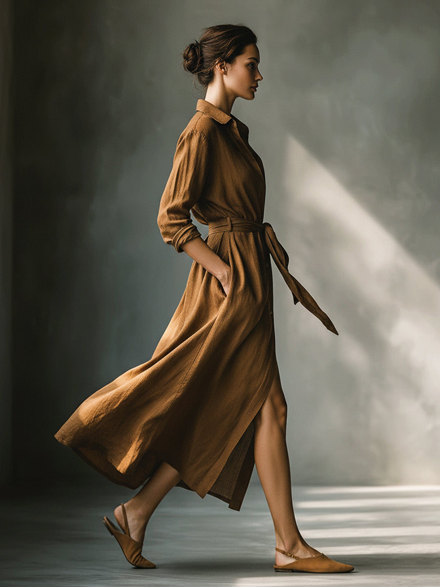 Vintage Brown Blend Maxi Dress for Women - Casual Shirt Style, MDA2898G6I