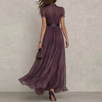 Vintage Lace A-Line Maxi Dress for Women - Pleated Short Sleeve Summer Party Dress
