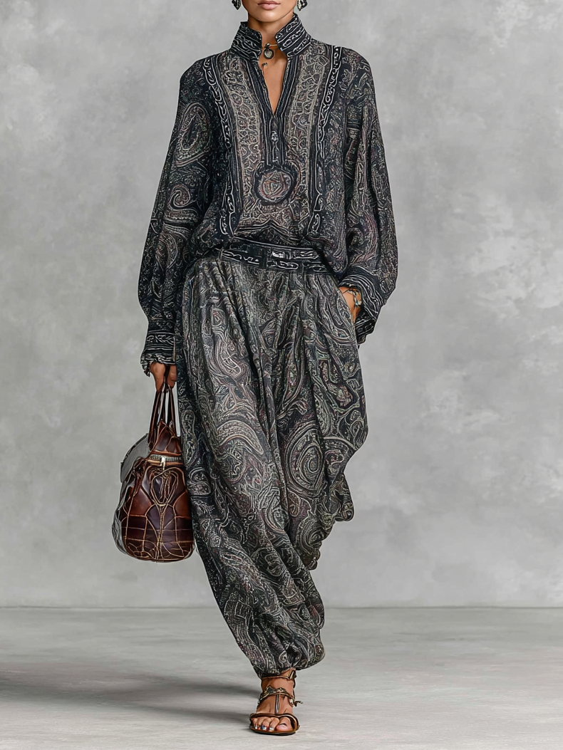 Vintage Paisley Print Long Sleeve Shirt & Trousers Set for Women