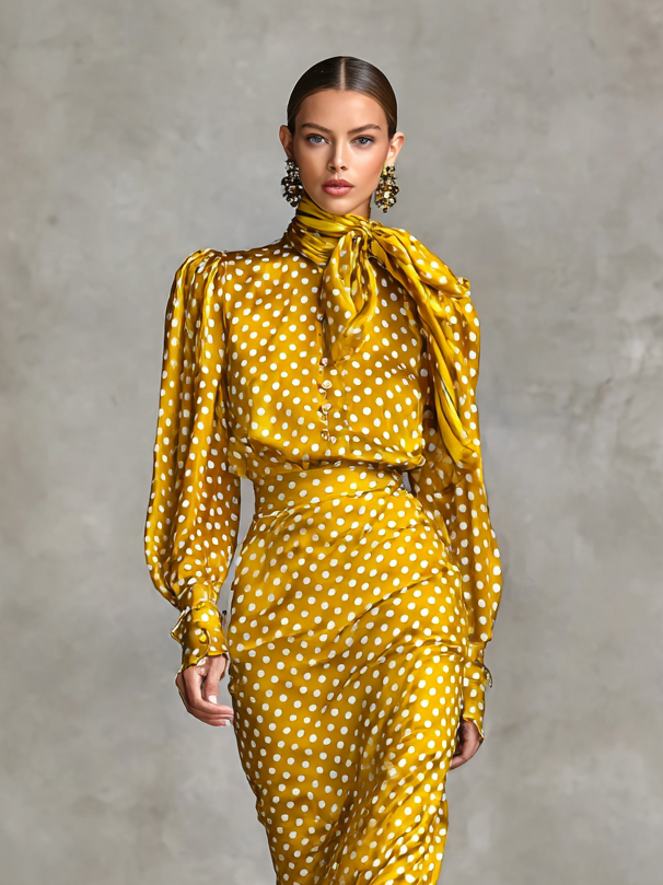 Vintage Satin Polka Dot Two-Piece Set for Women - Shirt and Skirt Outfit