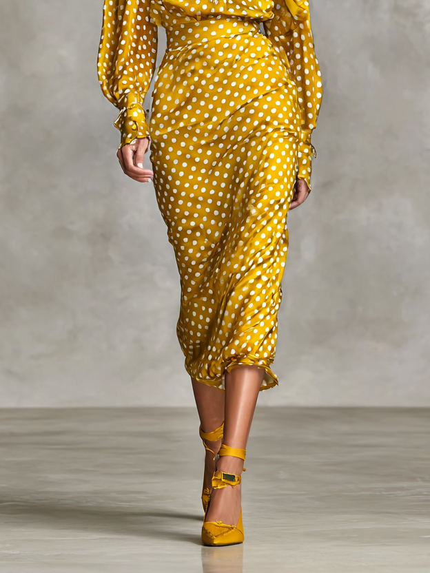 Vintage Satin Polka Dot Two-Piece Set for Women - Shirt and Skirt Outfit