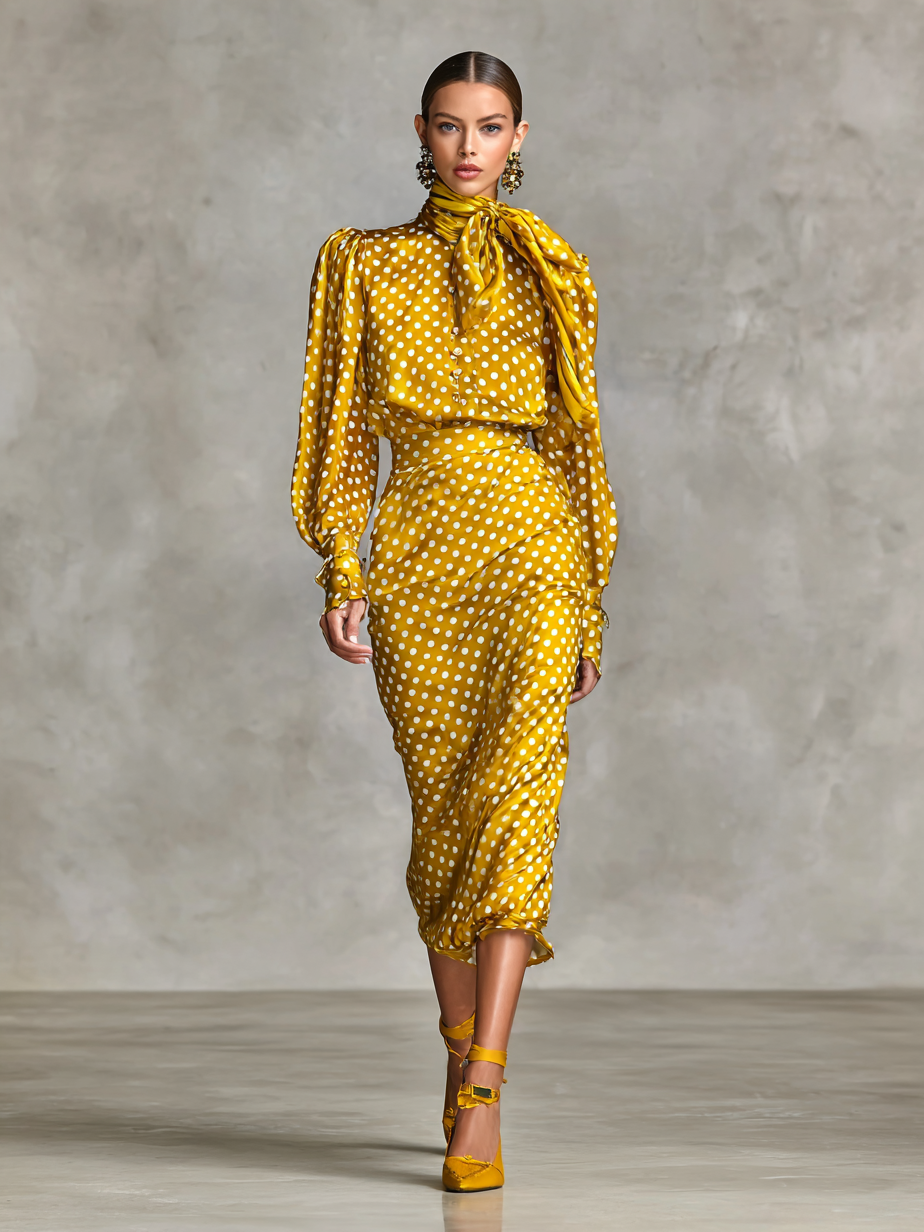 Vintage Satin Polka Dot Two-Piece Set for Women - Shirt and Skirt Outfit
