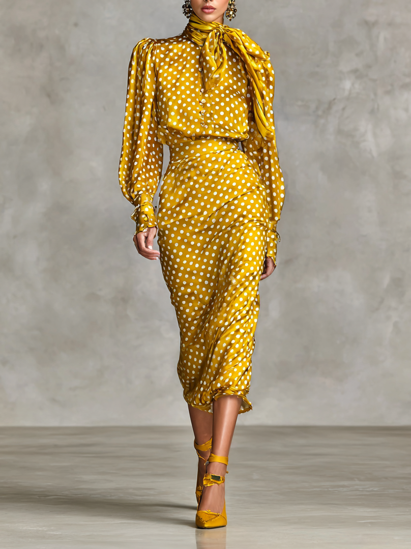 Vintage Satin Polka Dot Two-Piece Set for Women - Shirt and Skirt Outfit