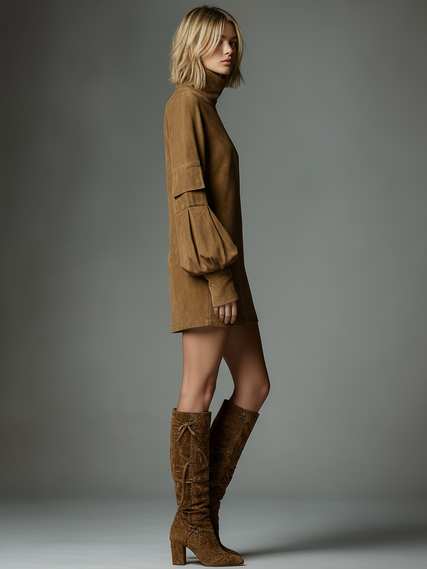 Vintage Suede Turtleneck Mini Dress for Women - Loose Fit, Casual Style