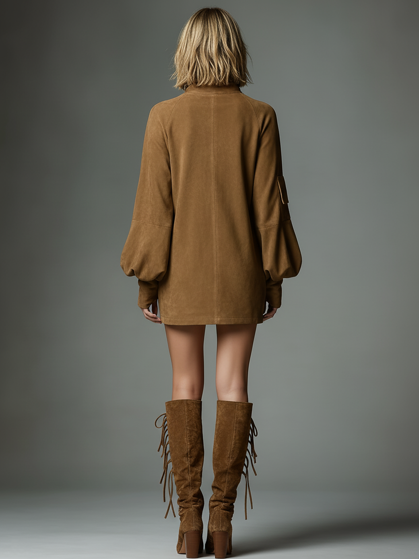 Vintage Suede Turtleneck Mini Dress for Women - Loose Fit, Casual Style