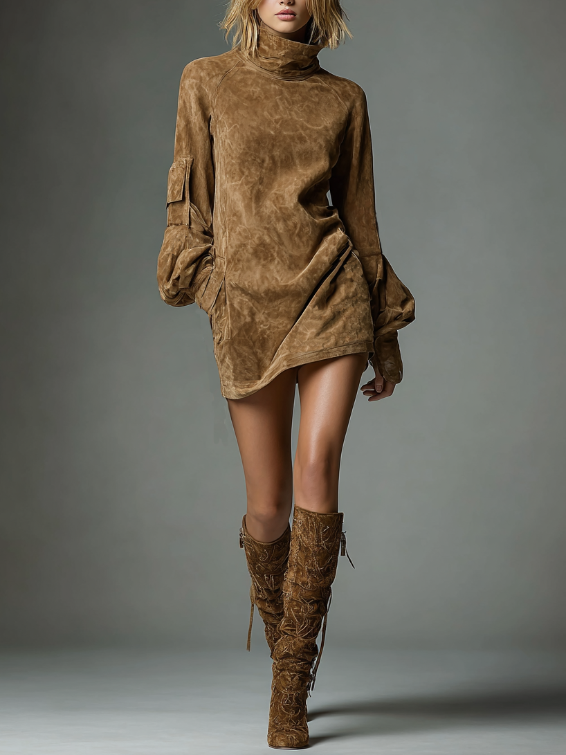 Vintage Suede Turtleneck Mini Dress for Women - Loose Fit, Casual Style
