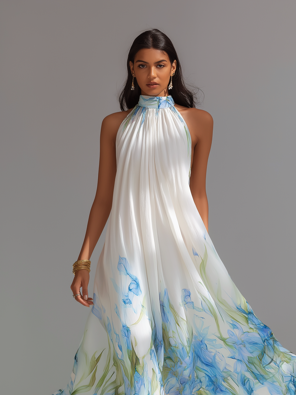 White Chiffon Halter-Neck Maxi Dress Women UK – Wedding Guest Garden Party Evening Gown