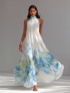 White Chiffon Halter-Neck Maxi Dress Women UK – Wedding Guest Garden Party Evening Gown