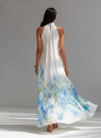 White Chiffon Halter-Neck Maxi Dress Women UK – Wedding Guest Garden Party Evening Gown