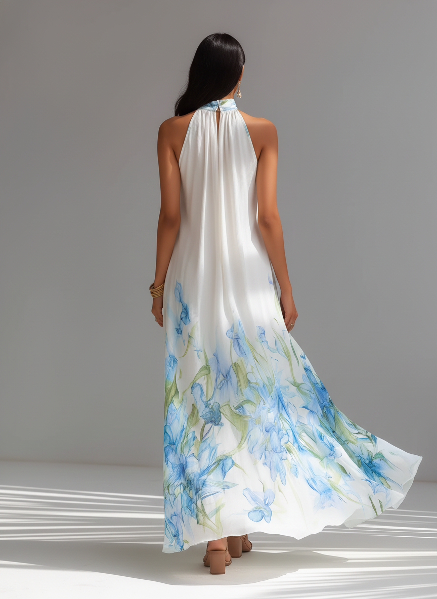 White Chiffon Halter-Neck Maxi Dress Women UK – Wedding Guest Garden Party Evening Gown