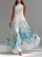 White Chiffon Halter-Neck Maxi Dress Women UK – Wedding Guest Garden Party Evening Gown