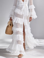 White Crochet Knit Cardigan with Deep V-Neck & Ruffles for Women