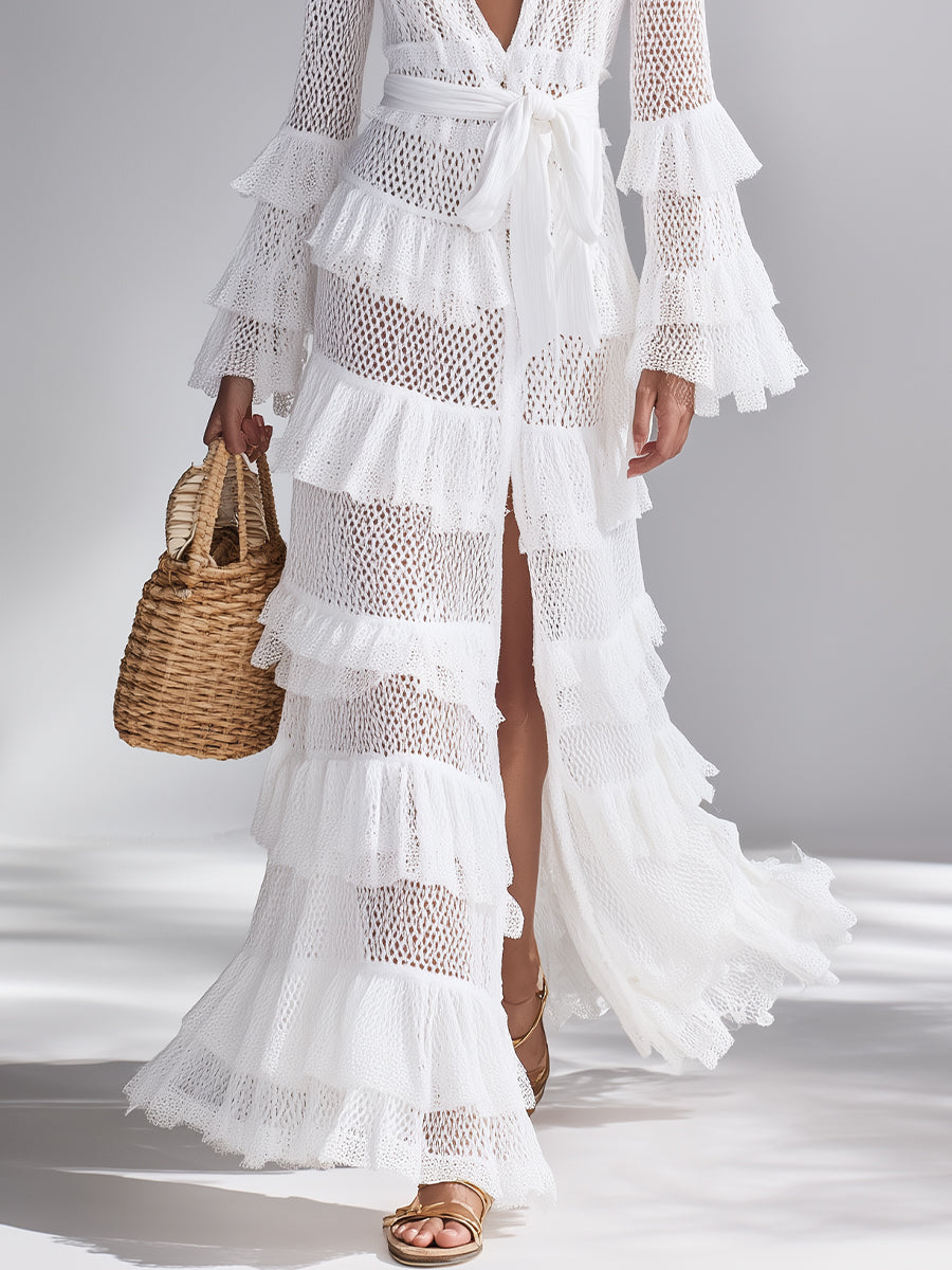 White Crochet Knit Cardigan with Deep V-Neck & Ruffles for Women