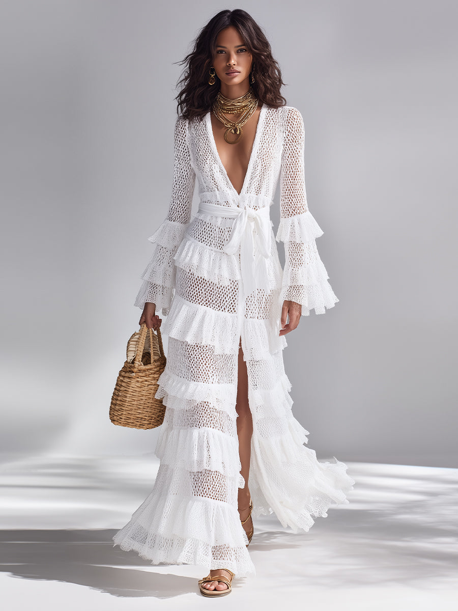 White Crochet Knit Cardigan with Deep V-Neck & Ruffles for Women