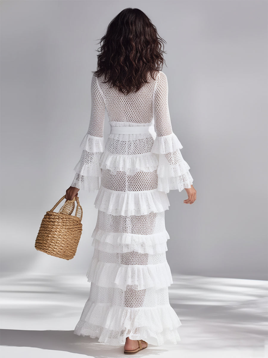 White Crochet Knit Cardigan with Deep V-Neck & Ruffles for Women