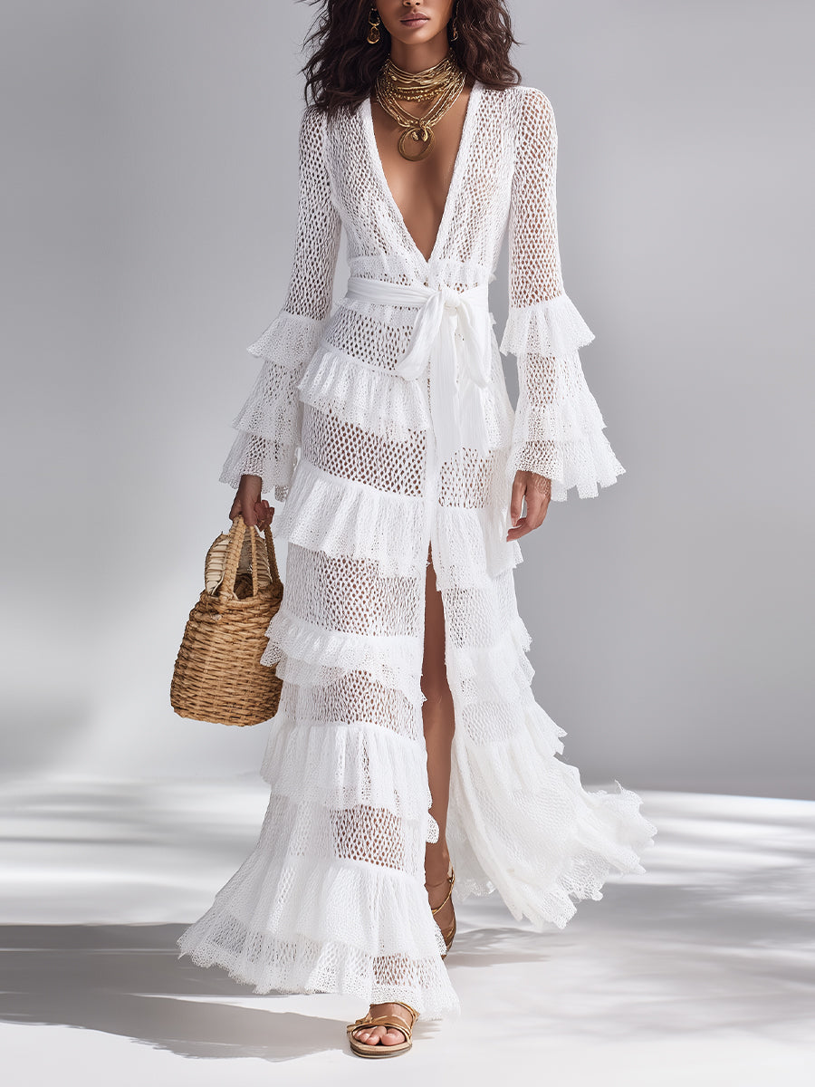 White Crochet Knit Cardigan with Deep V-Neck & Ruffles for Women
