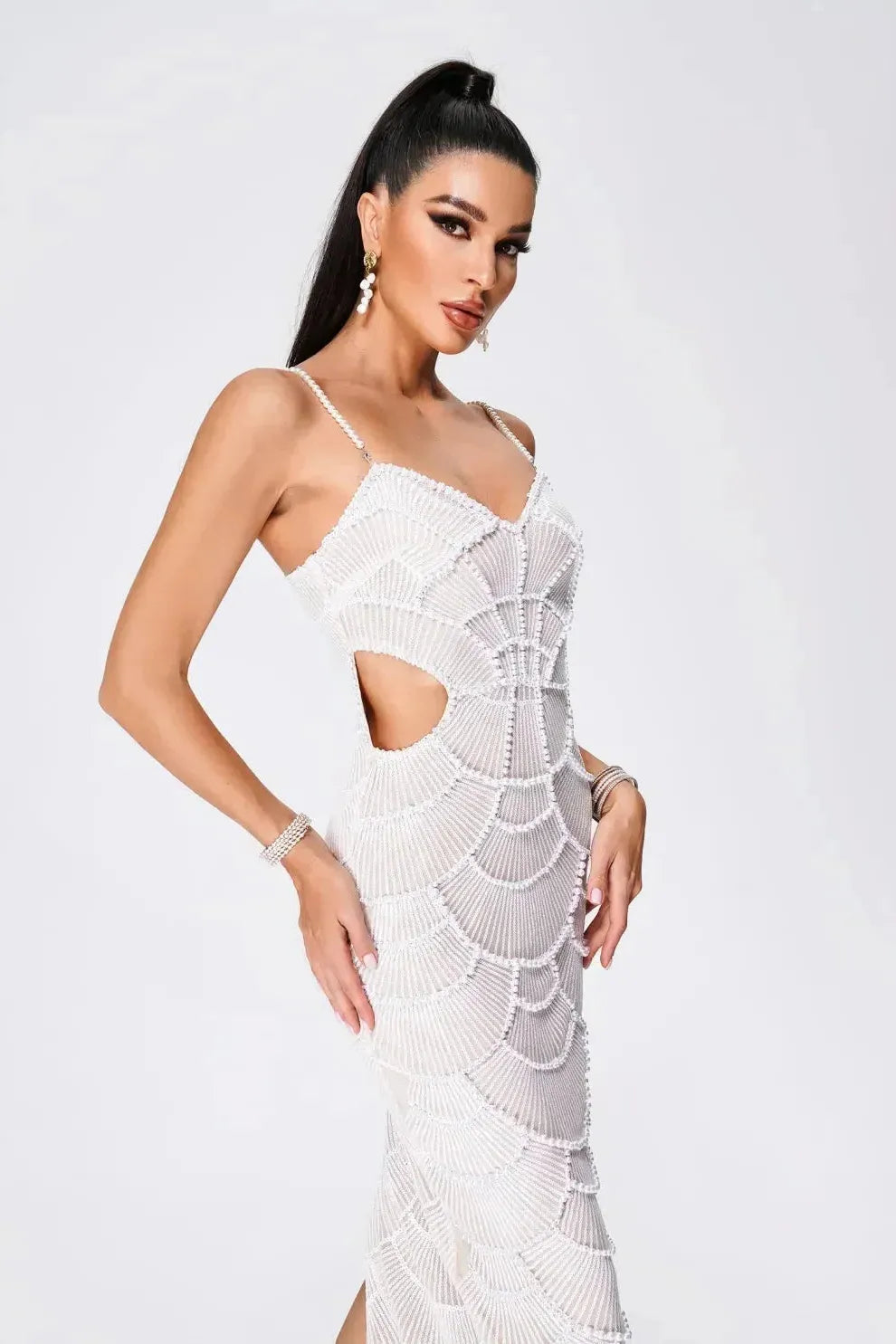White Evening Midi Dress with Sequins Women UK – Wedding Guest Cocktail Evening Gown, Formal Occasion