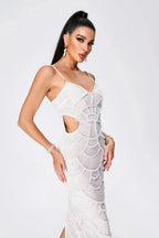 White Evening Midi Dress with Sequins Women UK – Wedding Guest Cocktail Evening Gown, Formal Occasion