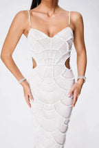 White Evening Midi Dress with Sequins Women UK – Wedding Guest Cocktail Evening Gown, Formal Occasion