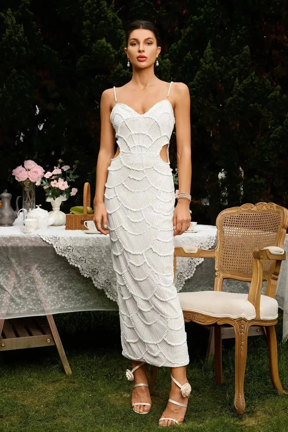 White Evening Midi Dress with Sequins Women UK – Wedding Guest Cocktail Evening Gown, Formal Occasion