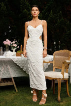 White Evening Midi Dress with Sequins Women UK – Wedding Guest Cocktail Evening Gown, Formal Occasion